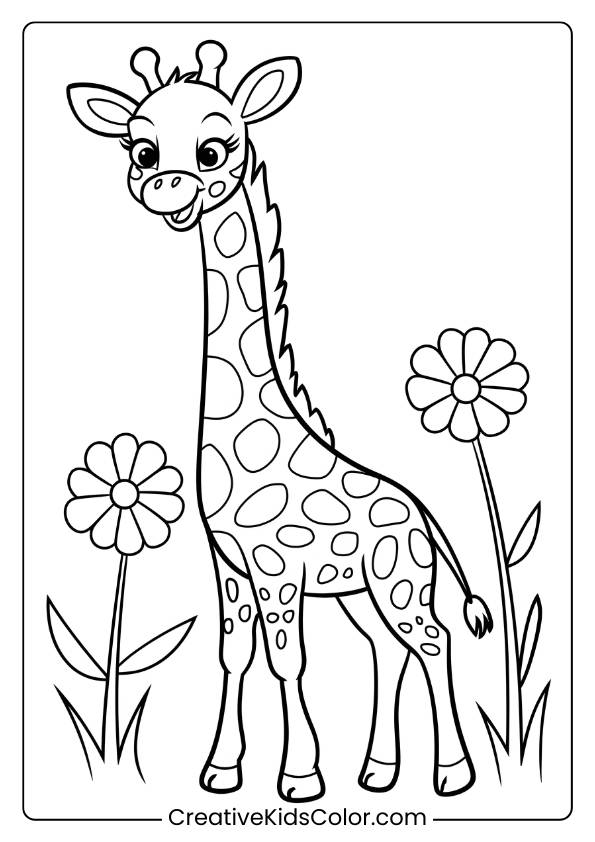 Gentle Giraffe Surrounded By Flowers In A Charming Coloring Page For Nature-Loving Children.