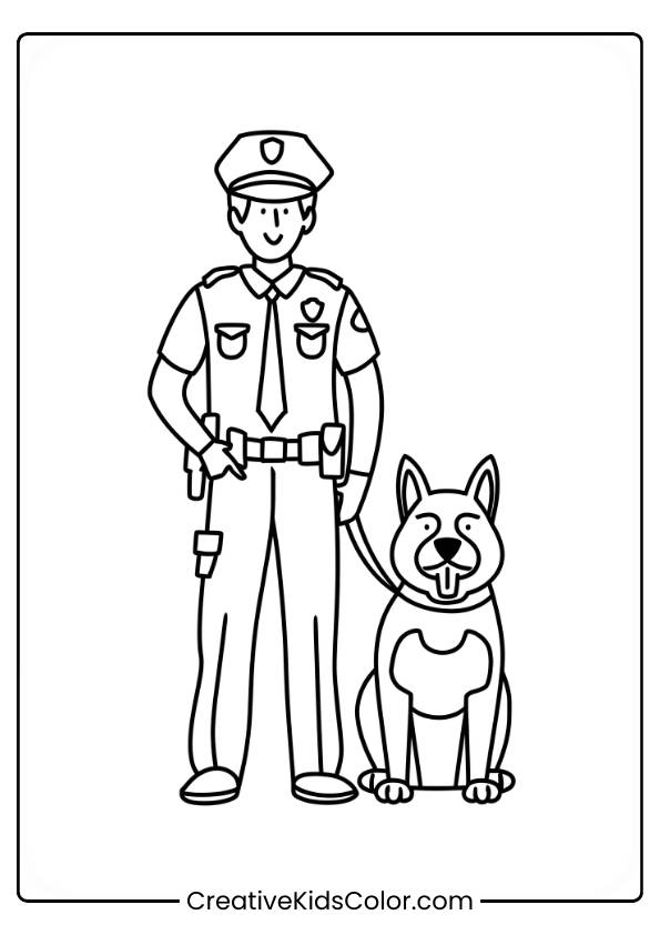 Police Officer Standing With His K-9 Dog Companion In A Dog Coloring Page.