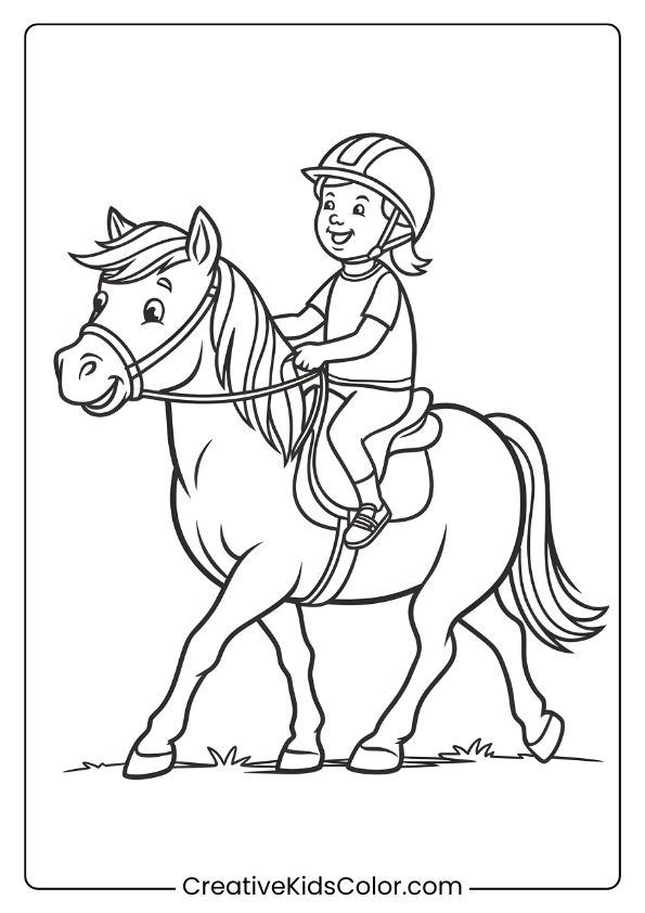 A Kind Pony Carrying A Child, Highlighting A Friendly Ride In This Playful Coloring Page.