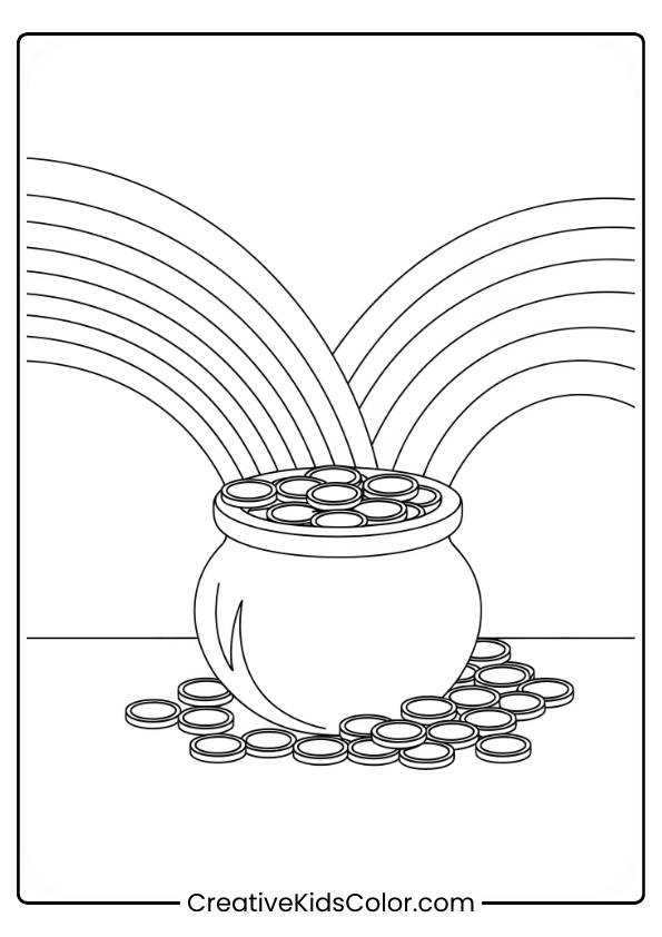 A Pot Of Gold Waits Under A Colorful Rainbow In This Classic &Quot;End Of The Rainbow&Quot; Themed Coloring Page.