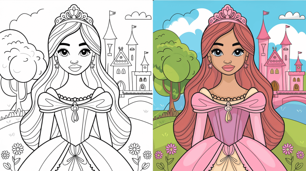 Ausmalbild Cover Mit Einer Prinzessin. Die Linke Seite Ist Unbemalt, Die Rechte Seite Vollständig Koloriert In Einer Schlosslandschaft.