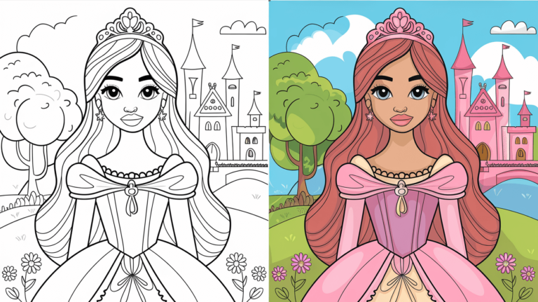 Ausmalbild Cover Mit Einer Prinzessin. Die Linke Seite Ist Unbemalt, Die Rechte Seite Vollständig Koloriert In Einer Schlosslandschaft.