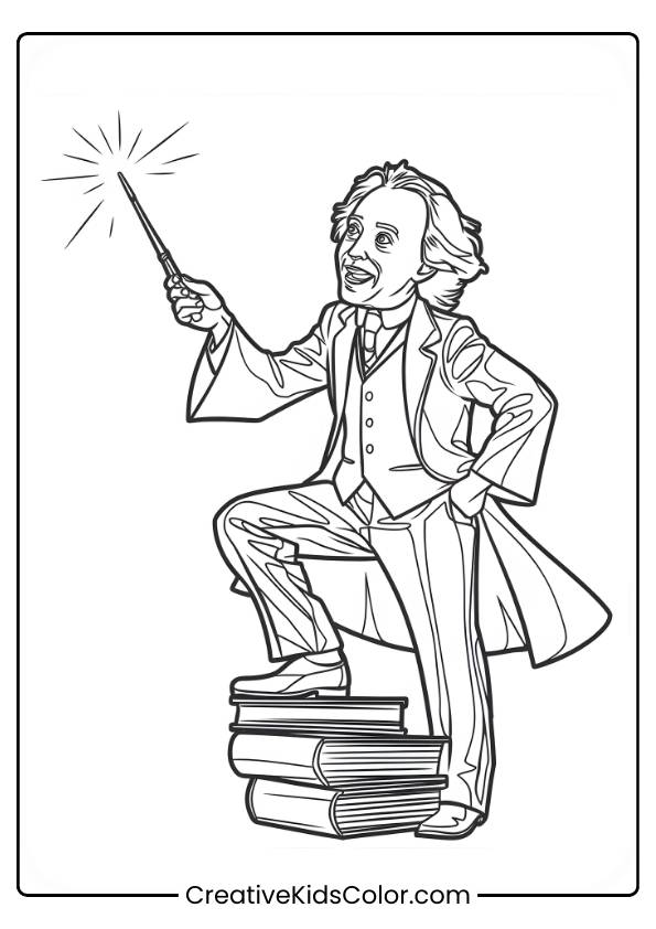 Professor Flitwick Stands On Books, Wand Raised, Teaching His Students Charms, In This Whimsical And Magical Coloring Page.