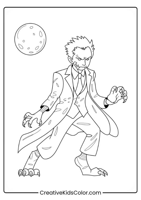 Professor Lupin Is Depicted Mid-Transformation, With Sharp Claws And Teeth, Under The Full Moon In This Haunting Coloring Page.