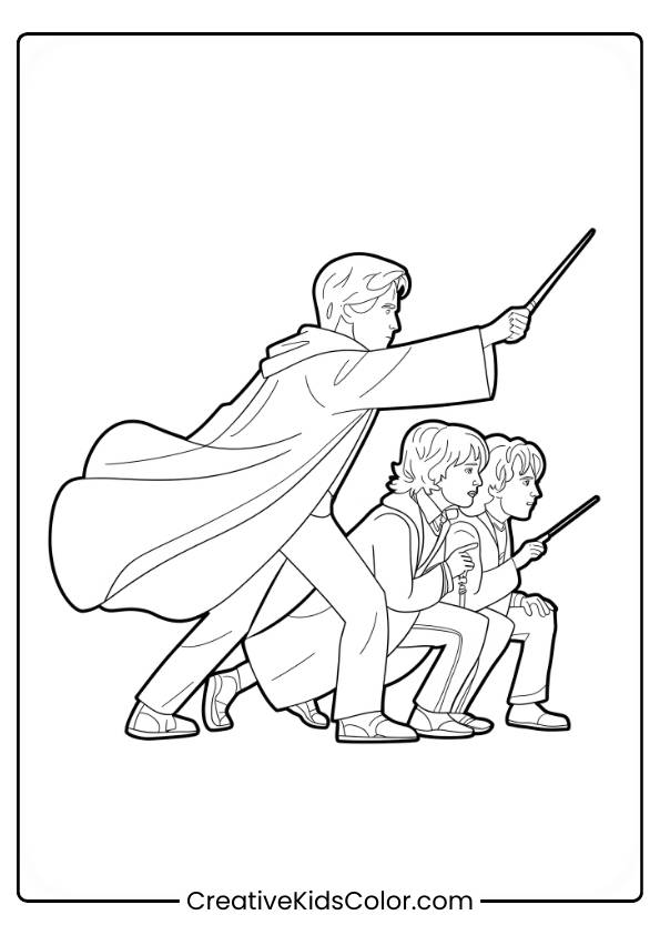 Snape Stands With His Wand Raised, Casting A Protective Spell Over The Three Students In This Action-Filled Coloring Page.