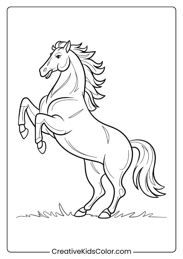 A Horse Rearing Up, Highlighting Strength And Movement In A Dynamic Coloring Page.