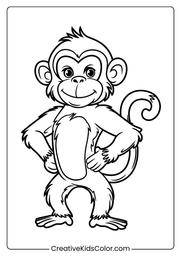 Coloring Page Showing A Monkey Standing With Pride, Hands On Hips And A Confident Expression.