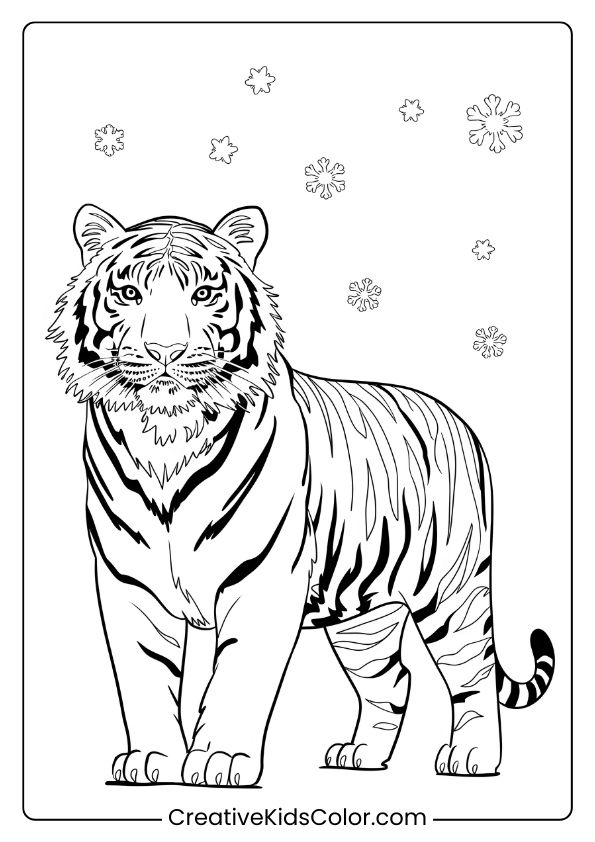 Proud Tiger In Snow Coloring Page With A Majestic Tiger Standing Among Falling Snowflakes.
