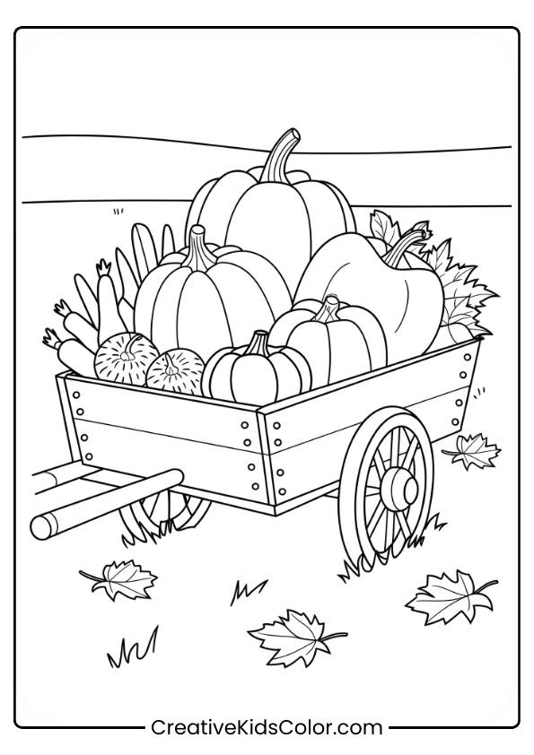 This Coloring Page Shows A Cart Filled With Pumpkins And Harvest Goods In A Fall Field.