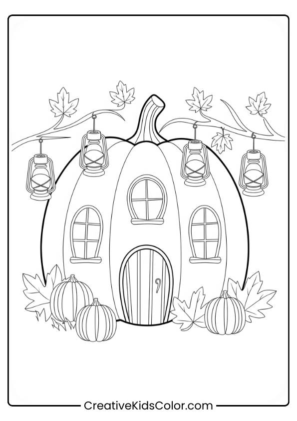 A Pumpkin Cottage With Lanterns Glowing At Night Is Drawn In This Fall Coloring Page.