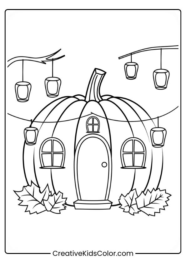 A Pumpkin Cottage Lit Up With Lanterns And Fall Leaves, Shown In This Coloring Page.