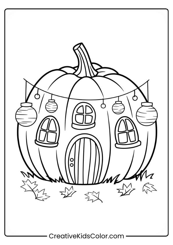 A Pumpkin Cottage Lit Up With Lanterns, Shown In This Autumn-Themed Coloring Page.