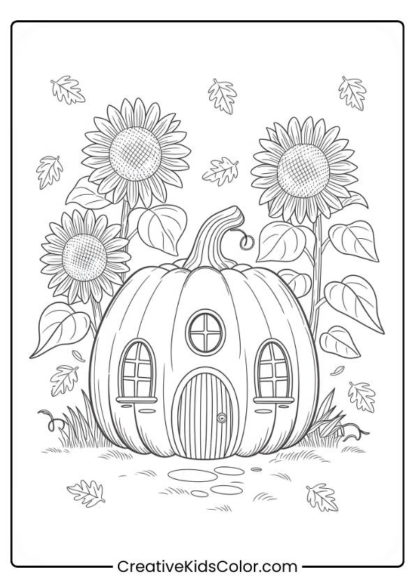 This Coloring Page Features A Pumpkin House Nestled Among Sunflowers And Autumn Leaves.