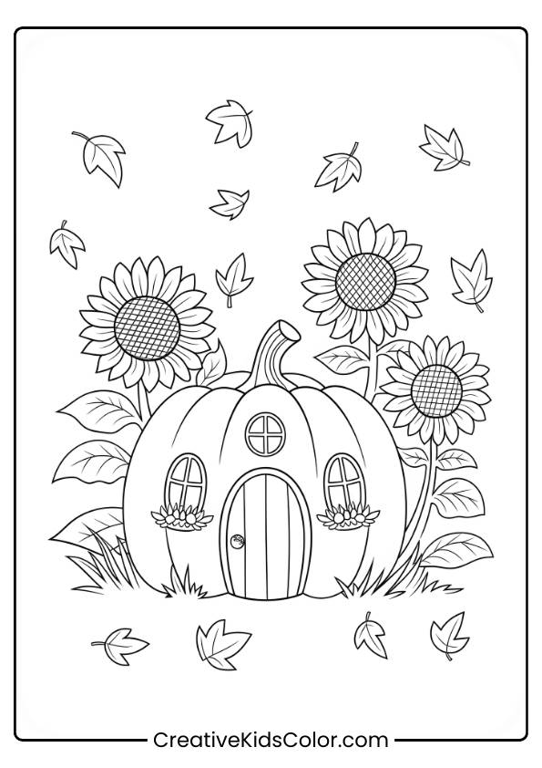 This Coloring Page Features A Pumpkin House With Sunflowers And Autumn Leaves.