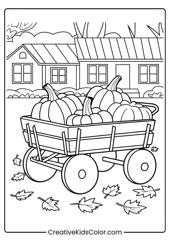 A Pumpkin-Filled Wagon Near A Farmhouse Is The Centerpiece Of This Autumn Coloring Page.