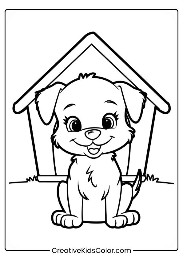 Puppy Sitting In Front Of A Doghouse With Playful Expression In A Dog Coloring Page.