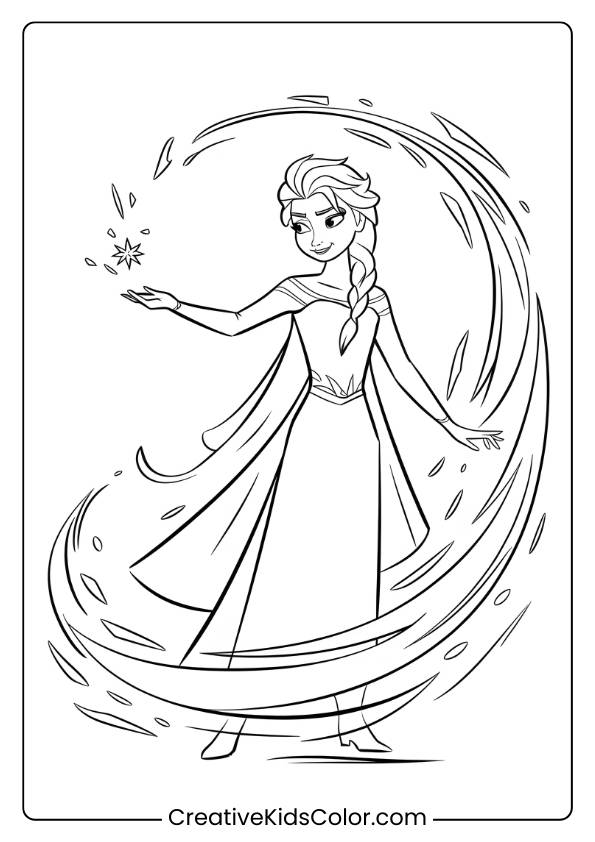 Queen Elsa Casting Ice Magic In This Printable Coloring Page, Showcasing Her Magical Powers And Icy Surroundings.