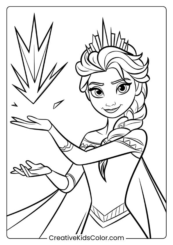 Queen Elsa Using Her Ice Powers To Create A Crystal In This Coloring Page, Emphasizing Her Magical Abilities And Snowy Environment.