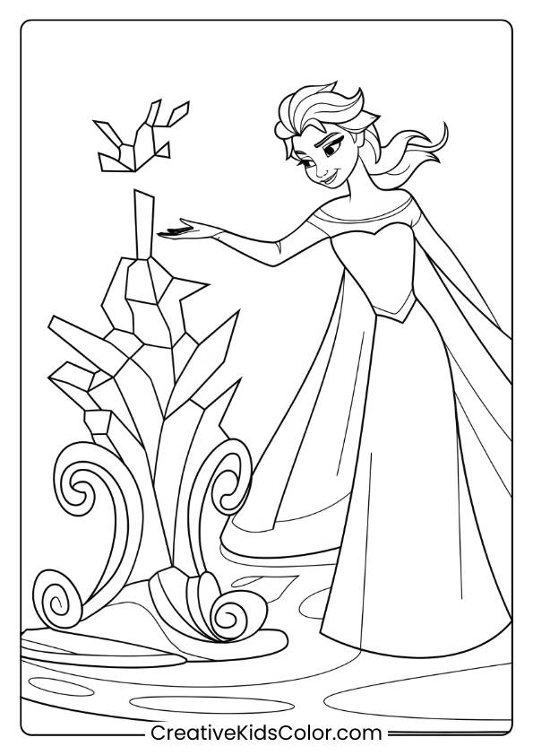 Queen Elsa Creating A Tall Ice Sculpture In This Printable Coloring Page, Highlighting Her Magical Abilities In A Winter Scene.