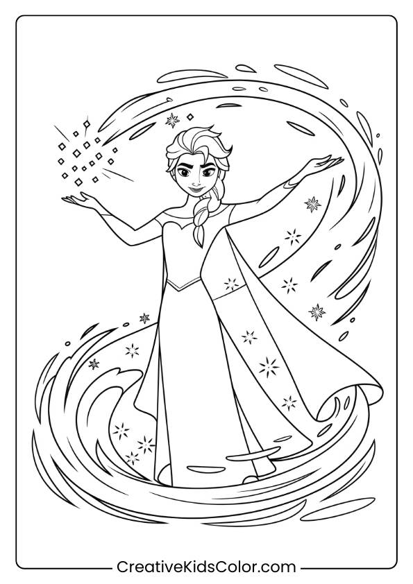 Queen Elsa Creating A Snowstorm In This Printable Coloring Page, Highlighting Her Powers And Winter Magic.