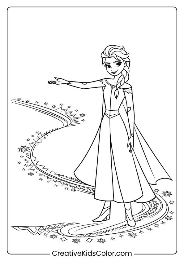 Elsa Creating A Magical Snowy Path In This Printable Coloring Page, Highlighting Her Ice Powers And Grace.