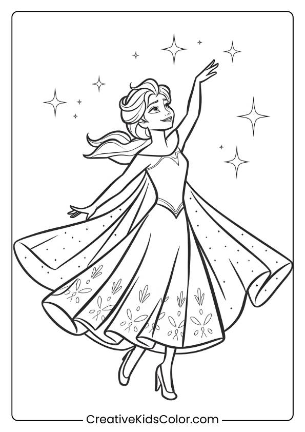 Queen Elsa Dancing Under The Stars In This Printable Coloring Page, Capturing Her Elegance And Magical Aura.