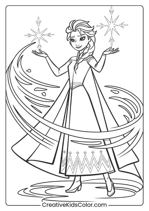 Queen Elsa Holding Her Hands Out While Creating Magic In This Printable Coloring Page, Highlighting Her Ice Powers.