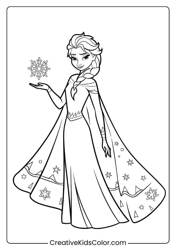Elsa Holding A Snowflake In This Printable Coloring Page, Showcasing Her Magical Ice Powers And Grace.