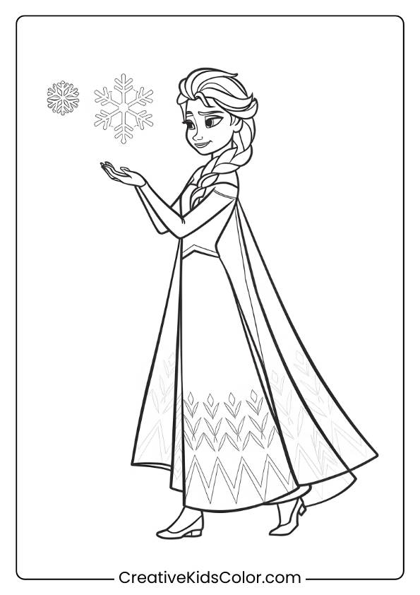 Elsa Holding A Snowflake In This Printable Coloring Page, Showcasing Her Magical Ice Powers And Graceful Pose.