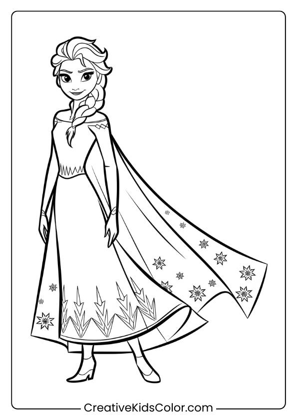 Elsa Smiling While Wearing Her Ice Cape In This Printable Coloring Page, Highlighting Her Regal And Magical Presence.