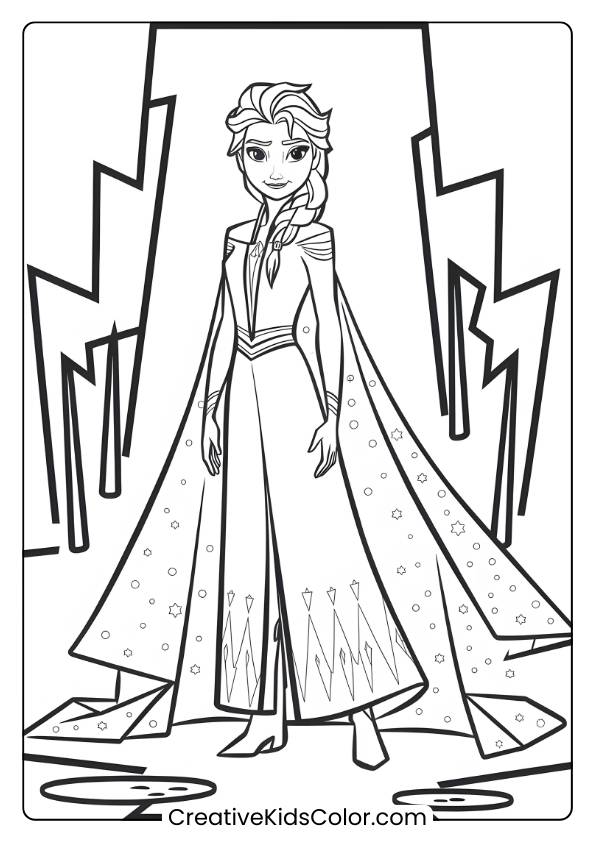 Elsa Standing In Her Ice Kingdom In This Printable Coloring Page, Showcasing Her Royal And Icy Surroundings.