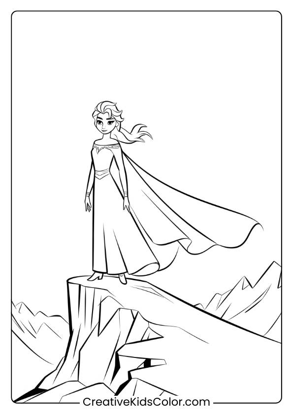Elsa Standing On A Snowy Mountain Top In This Printable Coloring Page, Capturing Her Strength And Icy Surroundings.