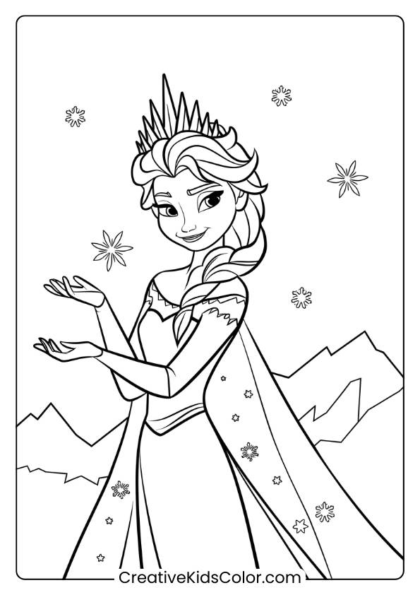 Queen Elsa Wearing Her Stunning Ice Crown In This Printable Coloring Page, Showcasing Her Royal Status And Icy Beauty.