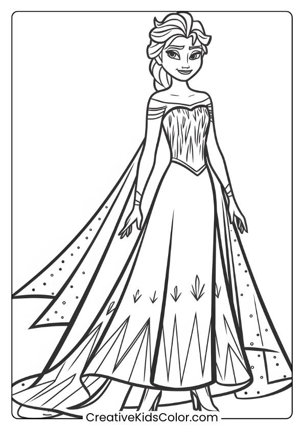 Queen Elsa Wearing Her Stunning Ice Gown In This Printable Coloring Page, Highlighting Her Royal And Magical Presence.