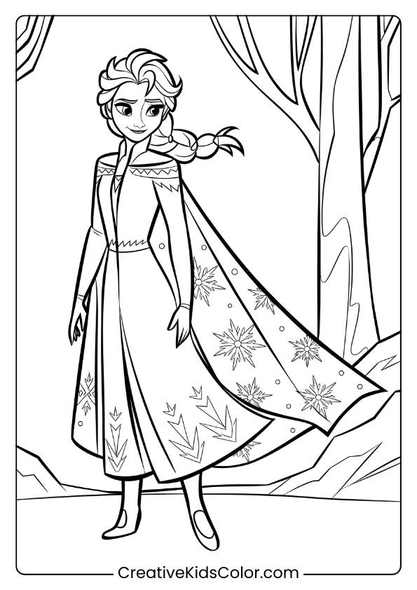 Elsa Wearing Her Beautiful Winter Cloak In This Printable Coloring Page, Highlighting Her Regal And Icy Presence.