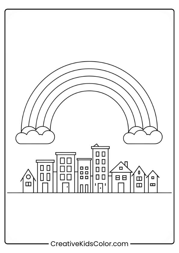 A Colorful Rainbow Arches Over A Bustling City, Creating A Perfect Urban Adventure For Young Artists To Color.