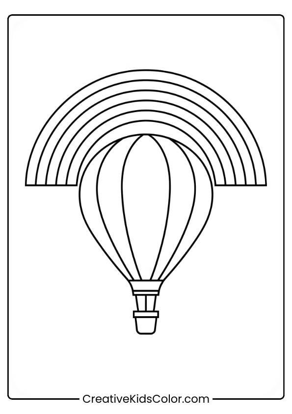 A Hot Air Balloon Floats High In The Sky Under A Colorful Rainbow, Ready For An Exciting Adventure In This Coloring Page.