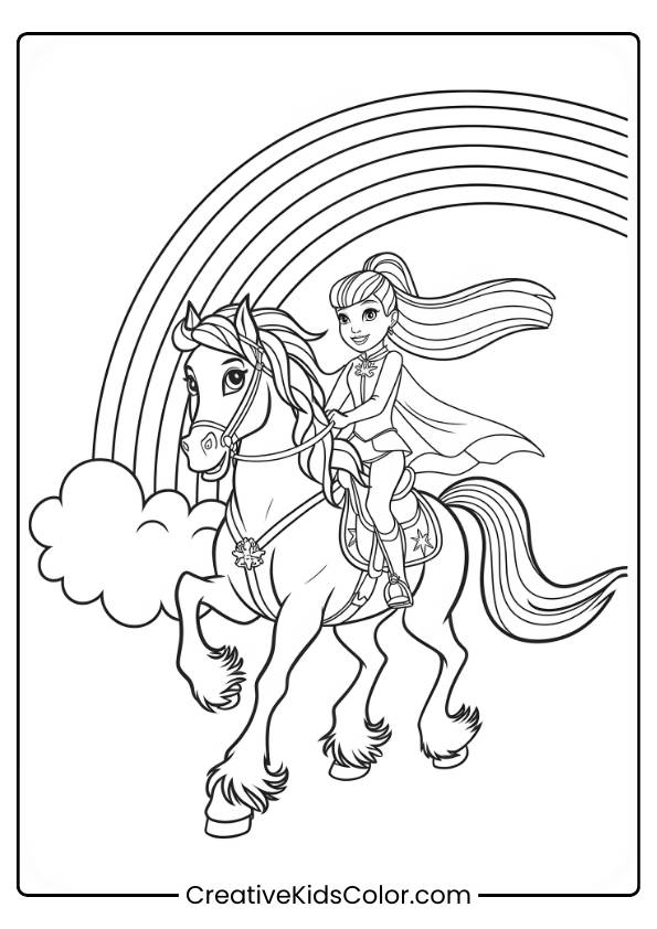 Rainbow Bright Rides A Majestic Horse Under A Rainbow, Showcasing Her Magical Journey In This Fun Coloring Page.