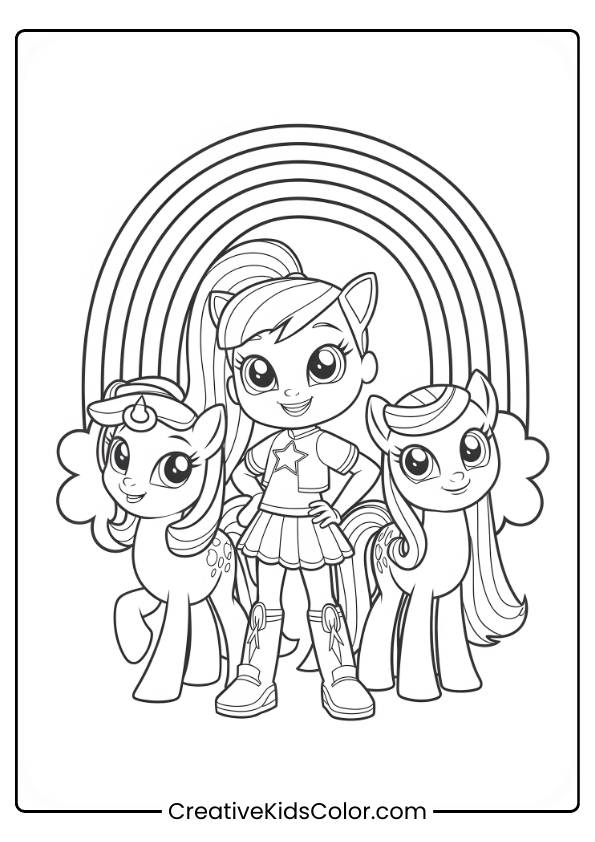 Rainbow Brite And Her Friends Stand Joyfully Under A Rainbow, Ready For A Colorful Adventure In This Nostalgic Coloring Page.