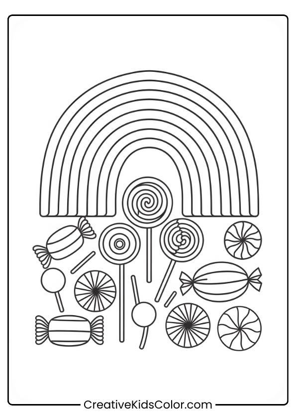 A Candy-Filled Wonderland Sits Under A Rainbow In This Sweet Coloring Sheet, Ready To Inspire Creativity.