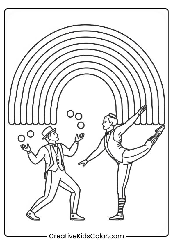 Two Circus Performers Juggle And Balance Under A Rainbow In This Exciting And Energetic Coloring Page.