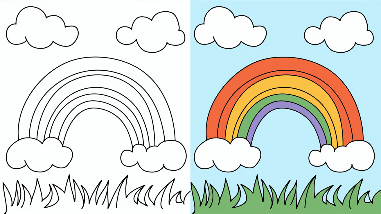 Coloring Page Cover Of A Rainbow, Left Side Uncolored, Right Side Fully Colored In The Sky Over A Meadow.