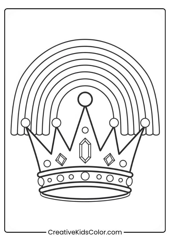 A Majestic Crown Sparkles Under A Rainbow In This Regal Coloring Sheet, Full Of Treasures To Color.