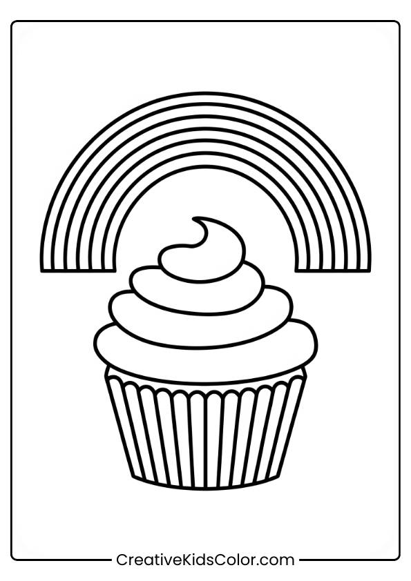 A Sweet Cupcake With Frosting Sits Under A Vibrant Rainbow, Creating A Fun And Tasty Scene To Color.
