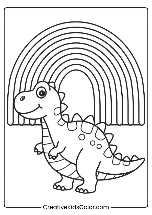 A Friendly Dinosaur Stands Under A Colorful Rainbow, Making This Fun And Adventurous Coloring Page Perfect For Kids.