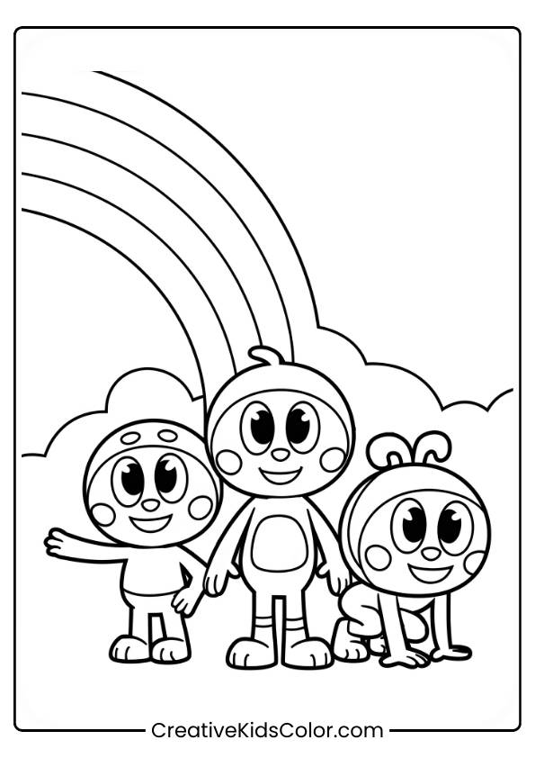 The Rainbow Friends Stand Under A Vibrant Rainbow, Ready For A Fun Adventure In This Cheerful Coloring Page.