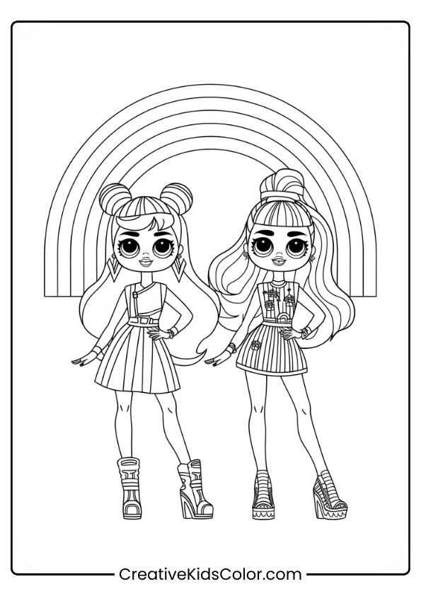 The Rainbow High Dolls Stand Stylishly Under A Vibrant Rainbow, Ready For A Fashionable Adventure In This Coloring Sheet.