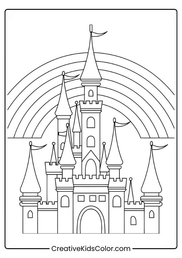 A Grand Castle Stands Proudly Under A Bright Rainbow, Creating A Fantastical Scene To Color In This Fun Page.