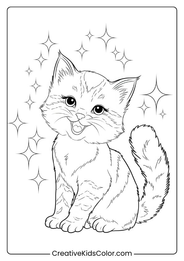 A Cheerful Kitten Surrounded By Stars And Sparkles, Adding Magic And Whimsy To This Coloring Page.