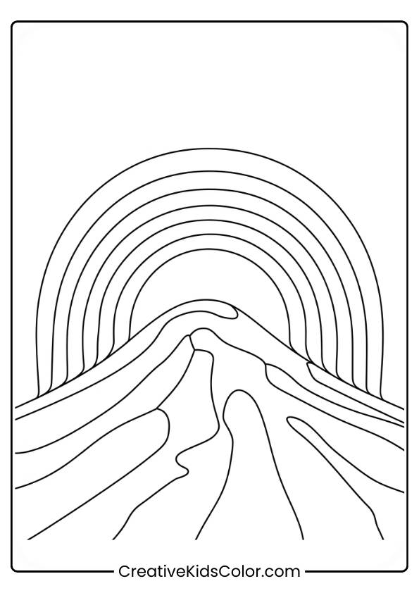A Mountain Stands Tall With A Rainbow Arching Above It In This Simple And Peaceful Coloring Page.